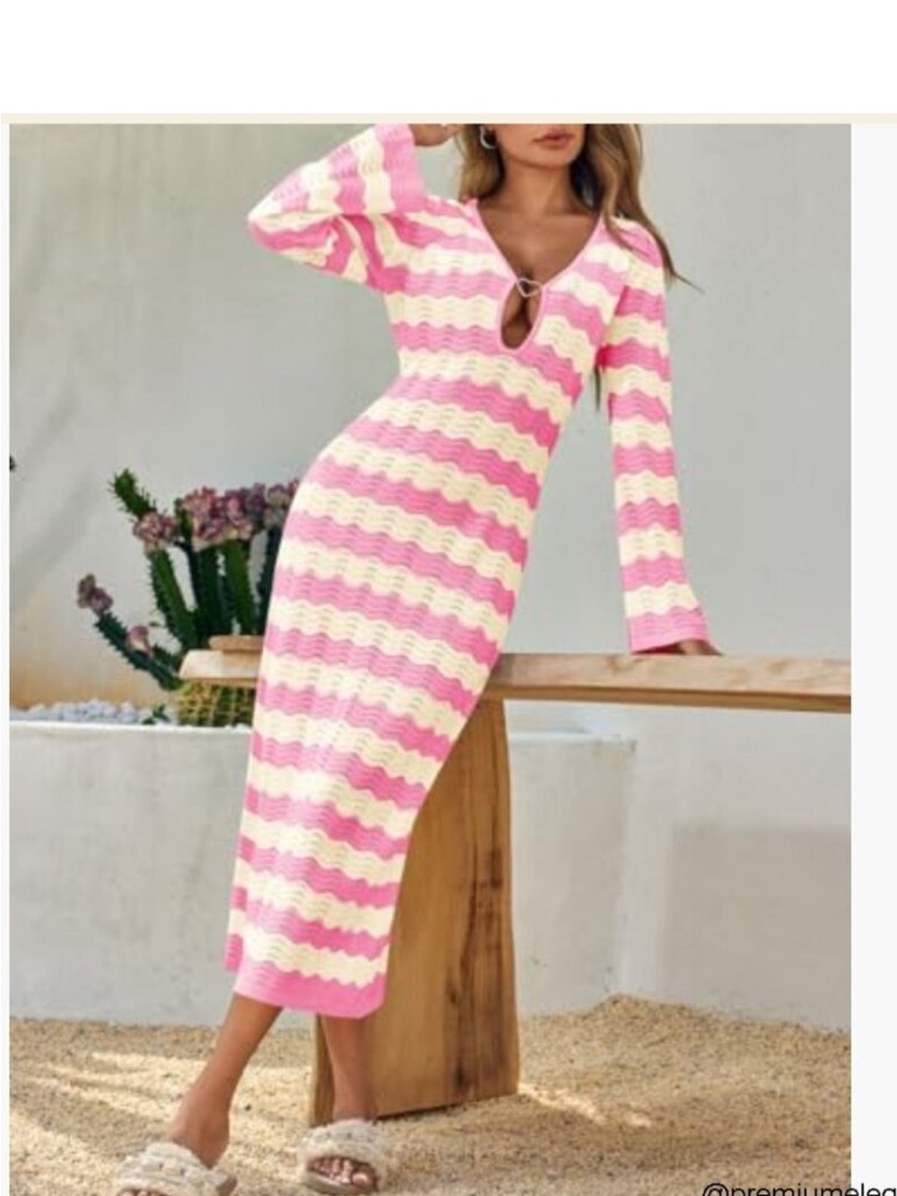 Pink & Cream Striped Knit Midi Dress with Keyhole